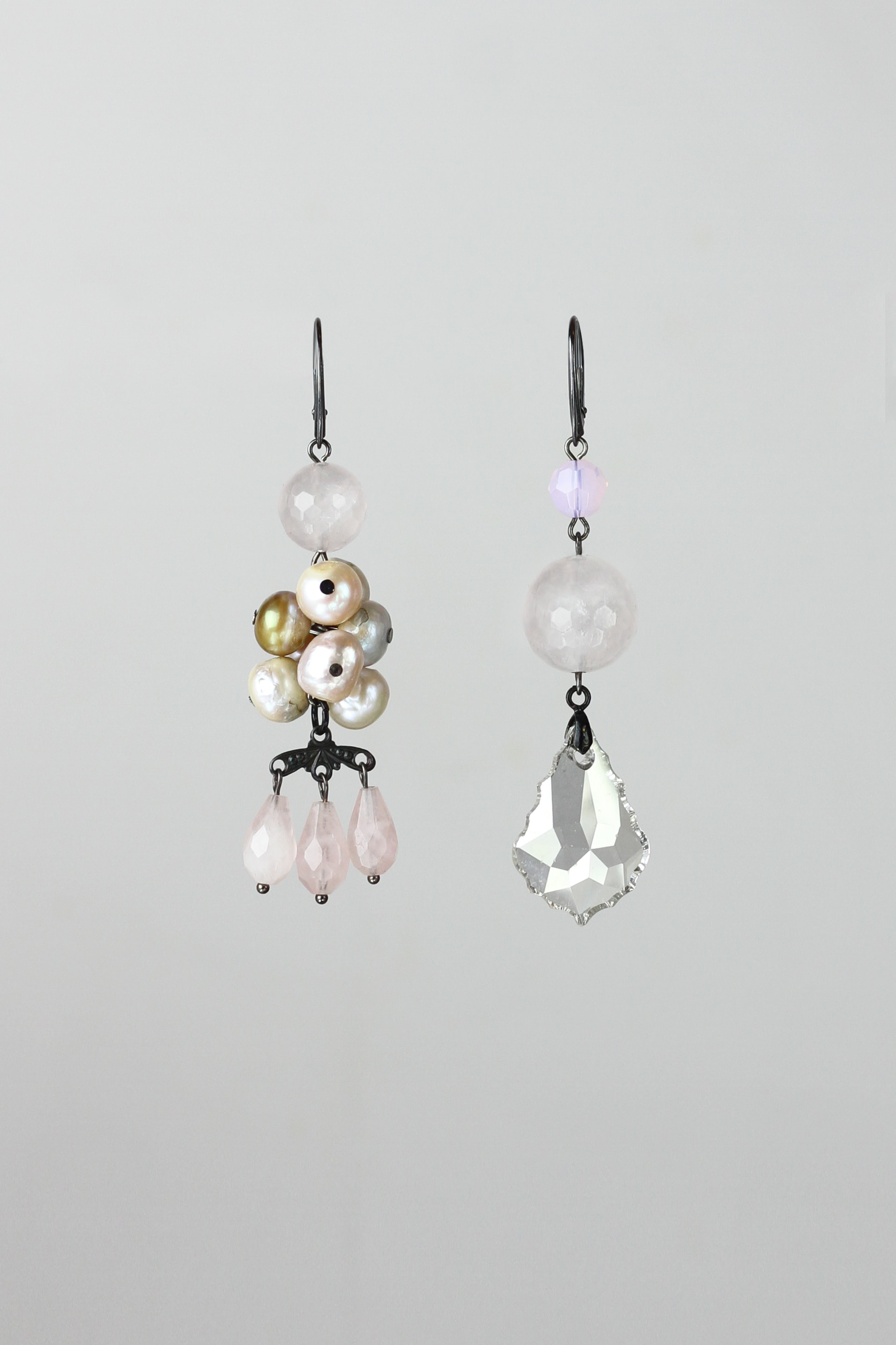 Pink quartz, freshwater pearl and burned silver earrings
