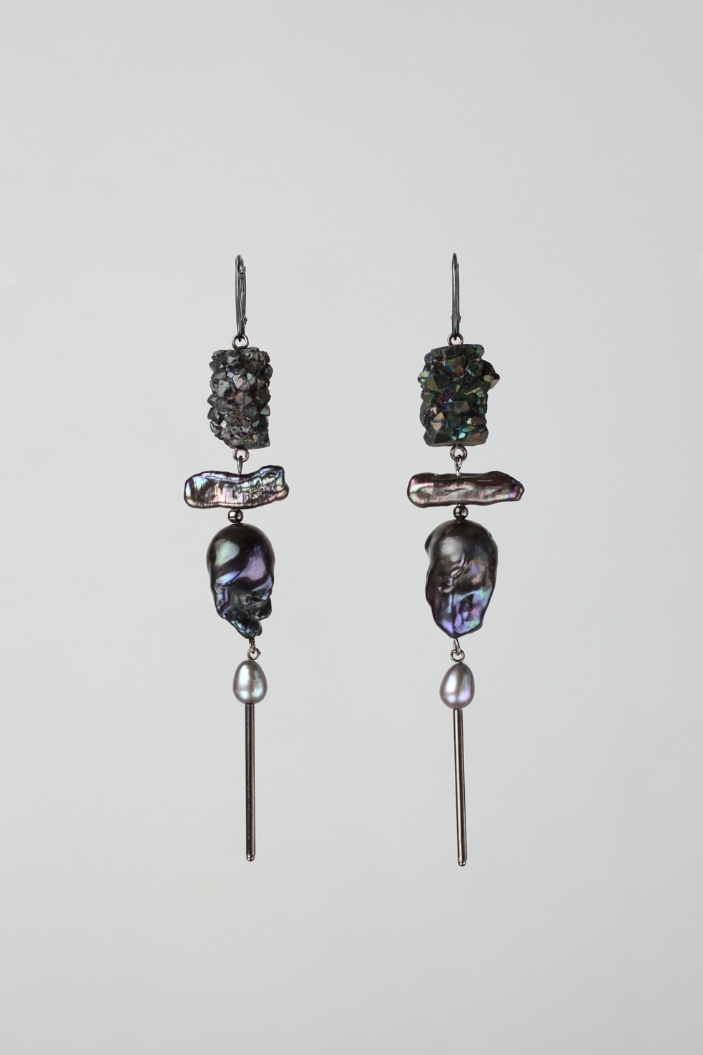 Black deformed pearl and titanium coated quartz earrings