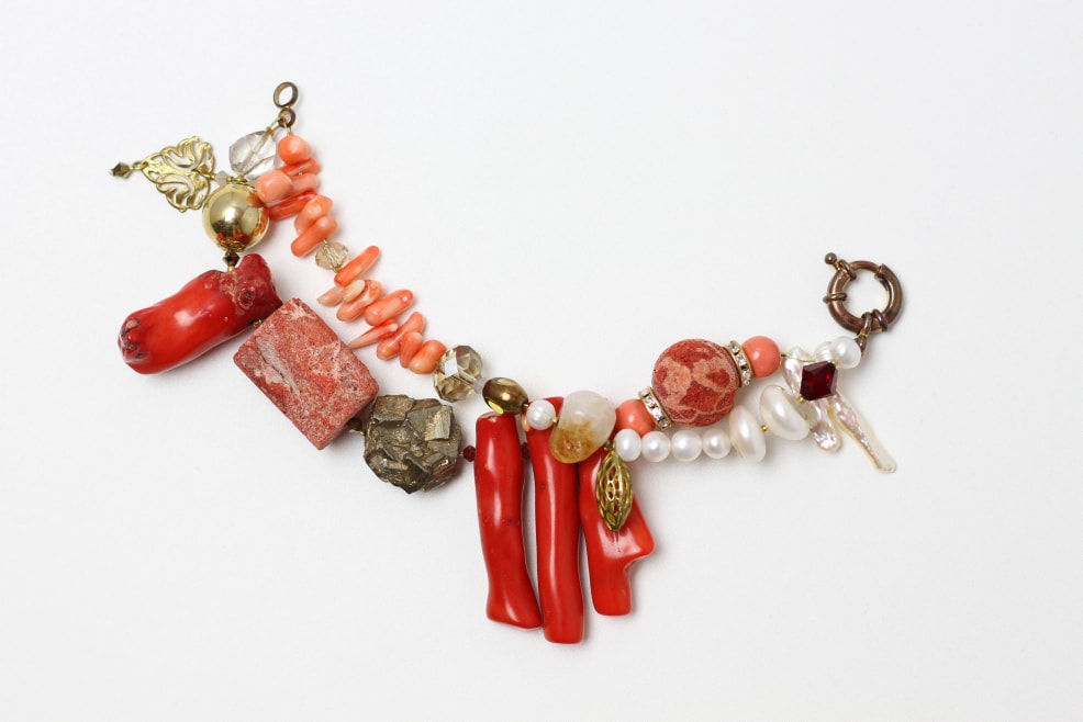 Coral, freshwater pearl, pyrite and citrine bracelet